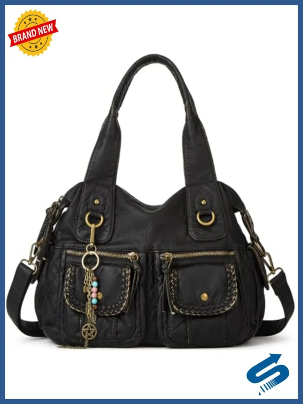 Women Canvas Hobo Purse Multi Pocket Tote Shopper Shoulder Bag Top Handle